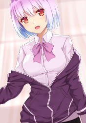 Rule 34 | 10s, 1girl, :d, bad id, bad pixiv id, black skirt, blurry, bow, bowtie, collared shirt, commentary request, curtains, depth of field, gradient hair, gridman universe, highres, jacket, light purple hair, looking at viewer, multicolored hair, open mouth, pleated skirt, purple jacket, red eyes, rko (a470350510), school uniform, shinjou akane, shirt, short hair, skirt, smile, solo, ssss.gridman, white shirt