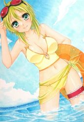 Rule 34 | 1girl, adjusting goggles, ahoge, arm up, armpits, bare arms, bare shoulders, bikini, blue sky, breasts, cleavage, collarbone, contrapposto, day, fisheye, gluteal fold, goggles, goggles on head, green eyes, green hair, green towel, gumi, hair between eyes, highres, holding, horizon, innertube, kyon9405, lipstick, looking at viewer, makeup, matching hair/eyes, medium breasts, navel, ocean, orange bikini, see-through, short hair, sky, smile, solo, splashing, standing, swim ring, swimsuit, vocaloid, wading, water