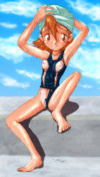 Rule 34 | barefoot, blush, breasts, brown eyes, brown hair, clothing aside, counterparts, digimon, digimon adventure, hat, highres, nipples, pussy, school swimsuit, short hair, small breasts, smile, spread legs, swimsuit, swimsuit aside, takenouchi sora