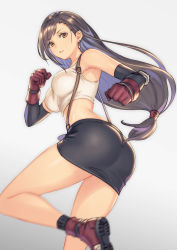 Rule 34 | 1girl, absurdres, anbe yoshirou, armpits, ass, bare shoulders, black skirt, boots, breasts, brown eyes, brown hair, clenched hands, commentary request, earrings, elbow pads, final fantasy, final fantasy vii, gloves, gradient background, highres, jewelry, long hair, looking at viewer, low-tied long hair, medium breasts, midriff, miniskirt, parted lips, simple background, skirt, sleeveless, socks, solo, suspenders, swept bangs, tank top, thighs, tifa lockhart, twisted torso, white tank top