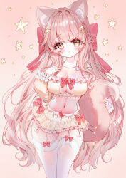 Rule 34 | 1girl, absurdres, animal ear fluff, animal ears, blush, bow, breasts, brown background, brown eyes, brown hair, cleavage, collarbone, commentary request, frills, garter straps, hair bow, hair ornament, hand up, heart, highres, large breasts, long sleeves, looking at viewer, original, parted lips, puffy long sleeves, puffy sleeves, red bow, ribbon-trimmed sleeves, ribbon trim, simple background, skirt, sleeves past wrists, solo, star (symbol), star hair ornament, tail, tandohark, thighhighs, white skirt, white thighhighs