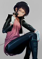 Rule 34 | 10s, 1girl, amano don, audio jack, bad id, bad pixiv id, black eyes, black hair, black jacket, black pants, boku no hero academia, boots, choker, collarbone, cropped jacket, facial mark, fingerless gloves, gloves, grey background, highres, invisible chair, jacket, jirou kyouka, lips, long sleeves, looking at viewer, pants, pink shirt, shirt, short hair, simple background, sitting, smile, solo, torn clothes, torn shirt, white gloves