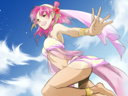Rule 34 | 1girl, anklet, bad id, bad pixiv id, barefoot, blush, bracelet, dancer, dancing, flower, hair flower, hair ornament, happy, jewelry, magi the labyrinth of magic, midriff, morgiana, navel, no panties, red eyes, red hair, sarong, smile, solo