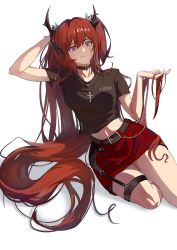 Rule 34 | 1girl, absurdres, arknights, arm behind head, arm up, belt, black belt, black choker, black shirt, chinese commentary, choker, collarbone, commentary request, crop top, feet out of frame, hand up, highres, long hair, looking at viewer, midriff, miniskirt, one side up, pencil skirt, purple eyes, red hair, red skirt, shirt, short sleeves, simple background, skirt, smile, solo, stomach, surtr (arknights), surtr (liberte echec) (arknights), thigh strap, thighs, very long hair, white background, zhanggehanghangbuxing