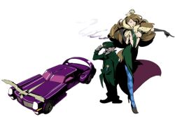 Rule 34 | 1boy, 1girl, birds, breasts, car, cigarette, cleavage, closed eyes, dress, height difference, joseph (tailenders), lipstick, makeup, medium breasts, motor vehicle, official art, promotional art, smoking, tailenders, tsukumo yodobest, vehicle