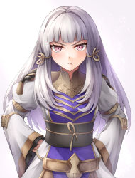 Rule 34 | 1girl, blunt bangs, blush, closed mouth, dress, fire emblem, fire emblem: three houses, fire emblem warriors, fire emblem warriors: three hopes, frown, grey background, hair intakes, hands on own hips, long sleeves, looking at viewer, lysithea von ordelia, nintendo, official alternate costume, pink eyes, pout, serious, simple background, solo, tagme, ten (tenchan man), v-shaped eyebrows, white hair