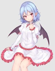 Rule 34 | 1girl, bat wings, black wings, blue hair, closed mouth, collar, grey background, highres, index finger raised, juliet sleeves, junior27016, long sleeves, looking at viewer, miniskirt, neck ribbon, pointy ears, puffy sleeves, red eyes, remilia scarlet, ribbon, simple background, sitting, skirt, skirt set, smile, solo, touhou, white skirt, wings
