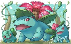 Rule 34 | bright pupils, bulbasaur, claws, commentary request, commission, creatures (company), evolutionary line, falling leaves, game freak, gen 1 pokemon, grass, highres, ivysaur, leaf, luna mokamoka, nintendo, no humans, open mouth, plant, pokemon, pokemon (creature), red eyes, standing, thank you, venusaur, vines, white pupils