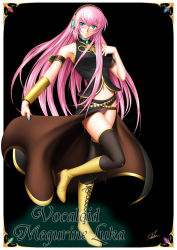 Rule 34 | 1girl, black background, black thighhighs, blue eyes, blush, boots, breasts, character name, covered erect nipples, cross-laced footwear, full body, hand on own chest, headphones, lace-up boots, large breasts, light smile, long hair, megurine luka, nail polish, navel, panties, pantyshot, pink hair, signature, skirt hold, smile, solo, standing, standing on one leg, takatan, thighhighs, underwear, very long hair, vocaloid