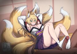 1boy 1girl animal_ear_fluff animal_ears armpits arms_behind_head arms_up blonde_hair blush clothed_female_nude_male difman footjob fox_ears fox_girl fox_tail green_eyes hair_between_eyes hakama hakama_skirt hetero indoors japanese_clothes kimono kitsune knees_up large_tail legs_up looking_at_viewer mon-musu_quest! monster_girl multiple_tails nude panties penis sitting skirt smile sock_on_penis sockjob socks sweat tabi tail tamamo_(mon-musu_quest!) underwear white_kimono white_panties white_sleeves