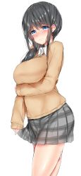 Rule 34 | 1girl, 3:, absurdres, bad id, bad twitter id, black hair, blue eyes, blue gk, blush, breast hold, breasts, cardigan, closed mouth, cowboy shot, from side, grey skirt, hair ornament, hairclip, highres, inactive account, large breasts, long hair, long sleeves, looking at viewer, looking to the side, low ponytail, nose blush, original, plaid, plaid skirt, skirt, sleeves past wrists, solo, standing