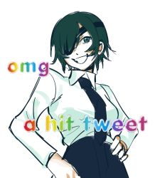 Rule 34 | 1girl, black hair, black necktie, breasts, chainsaw man, eyepatch, hair over one eye, hand on own hip, highres, himeno (chainsaw man), large breasts, liowig, looking at viewer, meme, necktie, omg a hit tweet (meme), short hair, simple background, smile, solo, white background