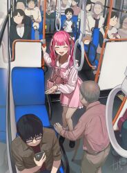 Rule 34 | 6+boys, 6+girls, absurdres, bag, blush, bow, bowtie, bus interior, closed eyes, commentary request, highres, hinamizawa hinami (tetto), long hair, long sleeves, multiple boys, multiple girls, open mouth, original, people, pink bag, pink bow, pink bowtie, pink hair, pink shirt, pink skirt, shirt, shoulder bag, skirt, tetto (onnoveltet), two side up