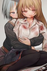 Rule 34 | 1boy, 1girl, akaiha (akaihasugk), black skirt, black sweater, black thighhighs, blood, blood on clothes, blood on face, bloody knife, blue eyes, breasts, brown footwear, brown hair, closed mouth, collared shirt, commentary request, commission, cuts, dutch angle, grey background, grey hair, highres, hug, hug from behind, injury, knife, long hair, looking at another, medium breasts, open mouth, original, pink eyes, pleated skirt, shirt, shoes, short hair, sitting, skeb commission, skirt, smile, sweater, thighhighs, white shirt, yokozuwari