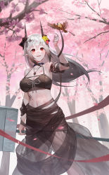 Rule 34 | 1girl, :d, absurdres, arknights, bare shoulders, bikini, bird, black bikini, black choker, breasts, cherry blossoms, choker, cleavage, commentary, flower, hair between eyes, hair flower, hair ornament, hammer, highres, holding, holding hammer, holding weapon, horns, large breasts, long hair, material growth, mudrock (arknights), mudrock (silent night) (arknights), navel, official alternate costume, open mouth, oripathy lesion (arknights), red eyes, red flower, sarong, smile, solo, standing, stomach, swimsuit, tree, uh9, very long hair, weapon, white hair, yellow flower