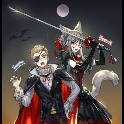 Rule 34 | 1boy, 1girl, alternate costume, alternate hairstyle, animal ears, bad id, bad twitter id, bat (animal), black cape, black jacket, black nails, blonde hair, blood, blood from mouth, blood on face, blush, bow, braid, breasts, cape, cleavage, contrapposto, danganronpa (series), danganronpa 2: goodbye despair, dress, earrings, elbow gloves, eyepatch, fang, fangs, fingerless gloves, freckles, frills, full moon, glasses, gloves, hair ribbon, hand up, height difference, highres, holding, holding sword, holding weapon, jacket, jewelry, katana, kuzuryu fuyuhiko, long sleeves, looking at viewer, medium breasts, mole, mole under mouth, moon, nail polish, night, open mouth, pants, pekoyama peko, pekupe (p krr), puffy short sleeves, puffy sleeves, red bow, red cape, red eyes, red nails, red ribbon, ribbon, scar, scar across eye, scar on face, shirt, short hair, short sleeves, silver hair, sparkle, striped clothes, striped pants, sword, tail, two-sided fabric, vampire, vampire costume, very short hair, weapon, white gloves, wolf ears, wolf girl, wolf tail