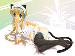 Rule 34 | 00s, 1girl, animal ears, blonde hair, braid, braided ponytail, cat ears, cat tail, green eyes, hinoki (studio spiral dust), name tag, one-piece swimsuit, school swimsuit, silfa (to heart), single braid, solo, swimsuit, tail, thighhighs, to heart (series), to heart 2, white one-piece swimsuit, white school swimsuit