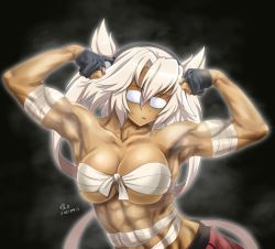 Rule 34 | 1girl, abs, artist name, biceps, black background, breasts, chest sarashi, commentary request, dark-skinned female, dark skin, dated, flexing, glasses, gloves, hair between eyes, kantai collection, large breasts, miniskirt, musashi (kancolle), muscular, muscular female, partially fingerless gloves, platinum blonde hair, pointy hair, rectangular eyewear, red skirt, sarashi, short hair with long locks, signature, simple background, skirt, solo, tk8d32, twintails, two side up