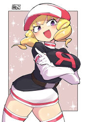 Rule 34 | 1girl, :d, arm under breasts, black jacket, blonde hair, blush, boots, border, breasts, chichibu (watson), commentary request, cowboy shot, creatures (company), domino (pokemon), drill hair, elbow gloves, eyelashes, game freak, gloves, hat, highres, jacket, large breasts, logo, medium breasts, nintendo, open mouth, outside border, pokemon, pokemon (anime), pokemon (classic anime), purple eyes, skirt, smile, solo, team rocket, team rocket uniform, thigh boots, twin drills, white border, white footwear, white gloves, white hat, white skirt