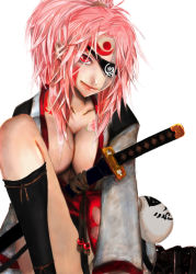 Rule 34 | 1girl, arc system works, baiken, breasts, cleavage, eyepatch, facepaint, guilty gear, japanese clothes, katana, large breasts, pink hair, ponytail, red eyes, scar, sheath, sheathed, solo, sword, taka (taka yosi), tattoo, weapon
