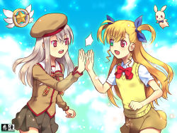 Rule 34 | 2girls, :d, beret, black skirt, blonde hair, blue ribbon, bow, bowtie, brown shirt, commentary request, crossover, fate/kaleid liner prisma illya, fate (series), green eyes, grey hair, hair between eyes, hair ribbon, hat, heterochromia, high five, homurahara academy school uniform, illyasviel von einzbern, kurarin, long hair, long sleeves, looking at another, lyrical nanoha, magical ruby, mahou shoujo lyrical nanoha vivid, multiple girls, open mouth, red eyes, red neckwear, ribbon, sacred heart, school uniform, shirt, short sleeves, skirt, smile, teeth, trait connection, two side up, upper teeth only, vest, vivio, white shirt, yellow skirt, yellow vest