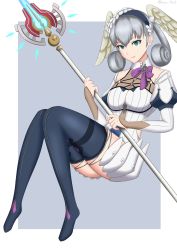 Rule 34 | 1girl, braid, breasts, crown braid, full body, green eyes, grey background, head wings, highres, holding, holding staff, juliet sleeves, large breasts, long sleeves, looking at viewer, melia antiqua, nintendo, o-ring, puffy sleeves, ryochan96154, silver hair, smile, solo, staff, thighhighs, white background, wings, xenoblade chronicles, xenoblade chronicles: future connected, xenoblade chronicles (series), xenoblade chronicles 1