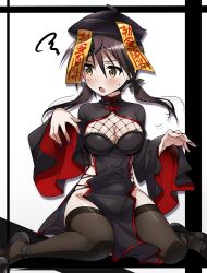 Rule 34 | 1girl, absurdres, alternate costume, black hair, black thighhighs, blue nails, breasts, brown eyes, china dress, chinese clothes, cleavage, cleavage cutout, clothing cutout, dress, gertrud barkhorn, halloween costume, hat, highres, jiangshi, large breasts, low twintails, nail polish, ofuda, outstretched arms, qingdai guanmao, sitting, solo, squiggle, strike witches, thighhighs, tokiani, twintails, wariza, world witches series, zombie pose