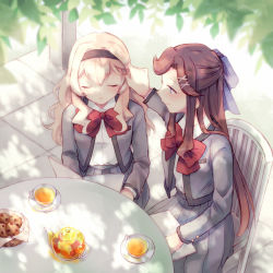 Rule 34 | 2girls, adjusting another&#039;s hair, black hairband, blonde hair, blue bow, blurry, blurry foreground, bow, bowl, bowtie, breast pocket, brown hair, chair, closed eyes, closed mouth, collared shirt, cookie, cup, dappled sunlight, day, dress shirt, facing viewer, food, from above, grey jacket, grey skirt, hair bow, hair ornament, hairband, half updo, hand up, holding, holding notebook, jacket, leaf, light blush, light smile, long hair, long sleeves, looking at another, multiple girls, notebook, on chair, open clothes, open jacket, outdoors, parted bangs, parted lips, pleated skirt, pocket, profile, purple eyes, red bow, red neckwear, saijou claudine, school uniform, seishou music academy uniform, shirt, shirt tucked in, shoujo kageki revue starlight, sidelocks, sitting, skirt, sunlight, table, tea, teacup, teapot, tendou maya, transparent, tree shade, very long hair, wato (ko), wavy hair, white shirt, x hair ornament, yuri