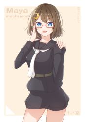 Rule 34 | 1girl, beige background, bespectacled, black serafuku, blue eyes, border, brown hair, character name, commentary request, contrapposto, cosplay, cowboy shot, crescent, crescent pin, glasses, hair ornament, highres, kantai collection, maya (kancolle), mochizuki (kancolle), mochizuki (kancolle) (cosplay), necktie, one-hour drawing challenge, red-framed eyewear, rinascita s, school uniform, serafuku, short hair, solo, standing, two-tone background, white border, white necktie, x hair ornament