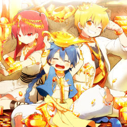 Rule 34 | 1girl, 2boys, aladdin (magi), ali baba saluja, arabian clothes, barefoot, blonde hair, blue eyes, blue hair, blush, bracelet, braid, closed eyes, coin, cross-laced footwear, crown, cup, earrings, gold, grin, jewelry, kl (dgzonbi), lamp, long hair, magi the labyrinth of magic, midriff, morgiana, multiple boys, navel, necklace, oil lamp, one eye closed, open mouth, red eyes, red hair, short hair, side ponytail, single braid, smile, treasure, turban, vest, wink, yellow eyes