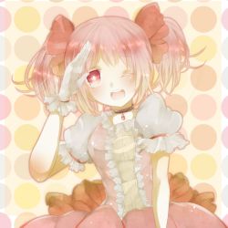 Rule 34 | 10s, 1girl, :d, amenosaka nono, bad id, bad pixiv id, bow, choker, colored eyelashes, dress, female focus, frills, hair ribbon, happy, kaname madoka, magical girl, mahou shoujo madoka magica, mahou shoujo madoka magica (anime), multicolored background, one eye closed, open mouth, pink eyes, pink hair, polka dot, polka dot background, ribbon, salute, short hair, short twintails, smile, solo, twintails, wink