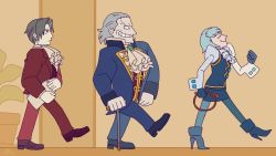 Rule 34 | 1girl, 2boys, ace attorney, animated, artist name, ascot, audible music, black eyes, blinking, blue footwear, blue gemstone, blue gloves, blue hair, blue jacket, blue pants, blue pantyhose, blue skirt, blue vest, boots, bow, bowtie, brooch, buttons, cane, clenched hands, closed eyes, closed mouth, constricted pupils, dated, door, dr. livesey walk (meme), expressionless, flat chest, flat color, forehead, franziska von karma, from side, full body, gem, gloves, grey hair, grin, hair intakes, half-closed eyes, happy, high heels, highres, holding, holding paper, holding whip, jacket, jewelry, juliet sleeves, long sleeves, looping animation, manfred von karma, meme, miles edgeworth, miniskirt, multiple boys, old, old man, orange background, pants, pantyhose, paper, pencil skirt, plant, potted plant, profile, puffy sleeves, purple shirt, red jacket, red pants, red shirt, sagutoyas, shirt, short hair, sidelocks, signature, skirt, smile, sound, teeth, treasure island, treasure island (1988), u u, vest, video, walking, white ascot, white bow, white bowtie, white shirt