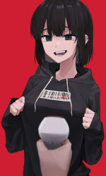 Rule 34 | 1girl, :d, absurdres, bad id, bad pixiv id, barcode, barcode print, barcode scanner, black hair, black hoodie, black jacket, blurry, blurry foreground, commentary request, crowcrycaw, device, ear piercing, grey eyes, highres, holding, holding scanner, hood, hood down, hoodie, jacket, korean commentary, long sleeves, mole, mole under eye, open mouth, original, piercing, pulling own clothes, pulling, red background, short hair, simple background, sleeves past wrists, smile, solo, teeth