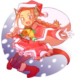 Rule 34 | 1girl, :d, asagi juko, bell, boots, braid, capelet, christmas, dress, female focus, frilled dress, frills, fur trim, gloves, hat, highres, horns, mamaru, open mouth, original, pink hair, pointy ears, red footwear, sack, santa hat, smile, solo, twin braids, white gloves