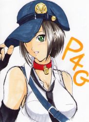 Rule 34 | 1girl, atlus, bare shoulders, blush, breasts, brown hair, cleavage, elbow gloves, female focus, fingerless gloves, gloves, green eyes, hat, highres, large breasts, marie (persona 4), maron (jkpersona5705orz), necktie, persona, persona 4, persona 4 the golden, smile, solo, white background