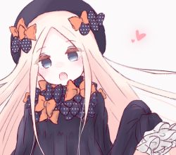 Rule 34 | 1girl, :o, abigail williams (fate), black bow, black dress, black hat, blonde hair, blue eyes, blush, bow, dress, fate/grand order, fate (series), hair bow, hands in opposite sleeves, hat, head tilt, heart, long hair, long sleeves, looking at viewer, open mouth, orange bow, parted bangs, pink background, polka dot, polka dot bow, ruten (onakasukusuku), simple background, solo, very long hair