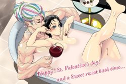 Rule 34 | 10s, 1boy, 1girl, alcohol, bath, bathing, black hair, blue eyes, breasts, brother and sister, chocolate, cup, drinking glass, food, happy valentine, hetero, incest, indoors, leg lift, mixed-sex bathing, multicolored hair, nothiko, nude, red wine, rin (toriko), sani (toriko), scar, shared bathing, short hair, siblings, submerged, sunny (toriko), toriko (series), valentine, wine, wine glass