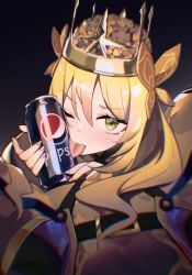 Rule 34 | 1boy, 1girl, ;p, alear (fire emblem), alear (male) (fire emblem), belt, blonde hair, can, celine (fire emblem), crown, dark background, fire emblem, fire emblem engage, gradient background, green eyes, highres, holding, holding can, licking, long hair, looking at viewer, nail polish, nintendo, one eye closed, out of frame, pepsi, pink nails, septoleaf, sexually suggestive, tongue, tongue out