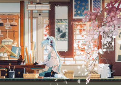 Rule 34 | 1girl, alternate hairstyle, amada (12785891), apron, aqua eyes, aqua hair, basin, brush, bucket, cherry blossoms, chisel, commentary request, floral print, from side, glasses, gloves, hatsune miku, highres, holding, holding brush, indoors, leaf, long hair, looking down, maple leaf, ponytail, protractor, ruler, seiza, sitting, socks, solo, towel, tree, vocaloid, white gloves, wide shot, working