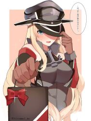 Rule 34 | 1girl, bag, bare shoulders, bismarck (kancolle), blonde hair, blue eyes, blush, breasts, brown gloves, elbow gloves, gift, gift bag, gloves, hat, highres, kantai collection, kozu (bloomme1 me), long hair, medium breasts, military, military hat, military uniform, open mouth, peaked cap, redrawn, simple background, solo, speech bubble, translation request, twitter username, uniform, upper body, valentine