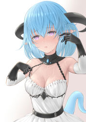 Rule 34 | 1girl, armpits, blue gemstone, blue hair, blush, breasts, cleavage, collarbone, commentary, curled horns, detached sleeves, dragon girl, dragon horns, dragon tail, dress, dress tug, gem, gradient background, granblue fantasy, hair between eyes, highres, horns, hot, lily-of-ash, medium breasts, open mouth, pointy ears, purple eyes, shadowverse, simple background, sweat, tail, white dress, whitefrost dragonewt filene