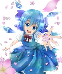 Rule 34 | 1girl, blue eyes, blue hair, bow, cherry blossoms, cirno, dress, hair bow, highres, looking at viewer, matching hair/eyes, open hand, open mouth, outstretched arm, ribbon, rikkunia, short hair, simple background, solo, touhou, white background, wings