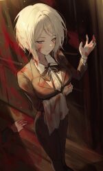 Rule 34 | 1girl, absurdres, blood, blood on clothes, blood on face, blood on hands, blue eyes, brown jacket, butler, collared shirt, eonyan (chaeyang), faust (project moon), female butler, gloves, half-closed eyes, highres, jacket, limbus company, medium hair, neck ribbon, project moon, ribbon, shirt, solo focus, towel, white gloves, white hair, white shirt