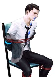 Rule 34 | 1boy, android, arms behind back, belt, black neckwear, black pants, blood, blood from mouth, blood on clothes, blood splatter, blue blood, bound, bound legs, bound torso, brown eyes, brown hair, colored blood, connor (detroit), detroit: become human, expressionless, grey jacket, highres, jacket, looking at viewer, male focus, open clothes, open jacket, pants, par., rope, shirt, sitting, tied to chair, white background, white shirt