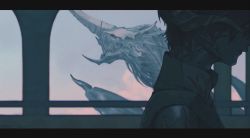 Rule 34 | 1boy, au ra, blue sky, caloserrr, cloud, commentary, day, dragon, dragon horns, dual persona, film grain, final fantasy, final fantasy xiv, flying, from side, glowing, glowing eye, high collar, highres, horns, letterboxed, male focus, red eyes, scales, sharp teeth, short hair, signature, sky, teeth, twitter username, varshahn, vrtra, wings