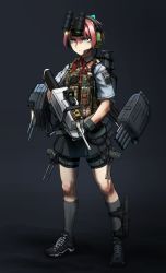 Rule 34 | 10s, 1girl, ammunition pouch, bike shorts, blue eyes, body armor, camouflage, combat knife, didloaded, eotech, full body, gloves, gun, gun sling, headset, kantai collection, knife, laser sight, neck ribbon, night-vision device, pink hair, bulletproof vest, pleated skirt, ponytail, pouch, red ribbon, ribbon, sheath, shiranui (kancolle), skirt, solo, torpedo, weapon, woodland camouflage