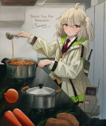 Rule 34 | 1girl, absurdres, ahoge, arknights, artist name, black wristband, blouse, blush, brown vest, carrot, collared shirt, commission, cooking, cranes (hiroro1), dated, flower, green eyes, hair flower, hair ornament, hand up, highres, holding, holding ladle, infection monitor (arknights), jacket, ladle, lens (arknights), light brown hair, light brown jacket, medium hair, necktie, onion, open clothes, open jacket, potato, red necktie, robot, scene (arknights), shirt, side ponytail, skeb commission, solo, stew, vest, white shirt
