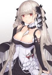 Rule 34 | 1girl, azur lane, black dress, bow, breasts, cleavage, closed mouth, collarbone, detached collar, dress, earrings, formidable (azur lane), frilled dress, frills, gradient background, hair bow, hand up, highres, jewelry, kon (k0n16), large breasts, long hair, long sleeves, looking at viewer, red eyes, silver hair, solo, twintails, upper body, very long hair