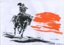 Rule 34 | 10s, 1boy, 2012, cowboy, cowboy hat, cowboy western, dutch angle, hat, hayama jun&#039;ichi, horse, male focus, outdoors, simple background, solo, sumi-e, sunset, western, white background