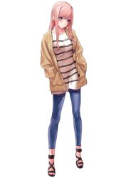Rule 34 | 1girl, applekun, black footwear, blue eyes, blush, breasts, brown jacket, closed mouth, denim, dress, earrings, fate/grand order, fate (series), full body, hands in pockets, highres, jacket, jeans, jewelry, long hair, long sleeves, looking away, looking to the side, medium breasts, miyamoto musashi (fate), open clothes, open jacket, pants, pink hair, sandals, sidelocks, solo, standing, striped clothes, striped dress, unbuttoned, white dress